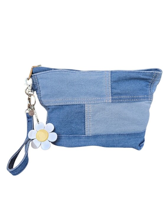 Handbags - Denim Blue Patchwork Zip Closure Wristlet Pouch